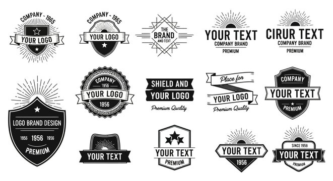 Collection of vintage badge and emblem designs with sunburst elements and customizable text areas