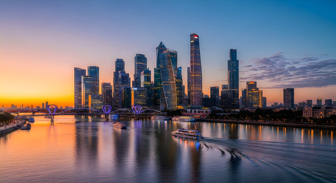 Stunning sunset view of the modern skyscraper skyline and bridge over the river in brisbane city