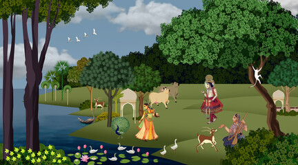 Ethnic Mural garden, Lord Krishna with gopis, Pichwai cow, Deer, Tree botanical landscape illustration. Mural wallpaper design,Ethnic landscape illustration.  © Krishna_1357