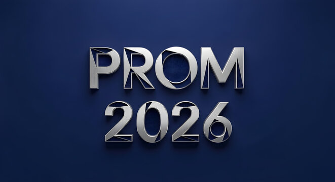 Prom 2026 silver text on dark blue background, formal event announcement