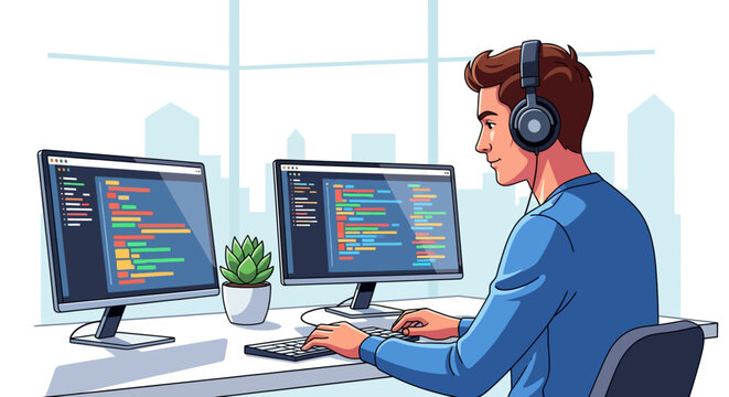 Focused Professional Working at Minimalist Desk