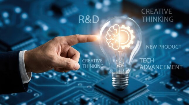 Closeup Businessman Hand pointing at Innovation lightbulb, representing R&D, creative thinking, new product development, and technological advancement.