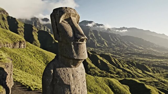 Majestic Moai statue overlooking a vast, lush green mountainous landscape on Easter Island, Rapa Nui, under a bright sky, embodying ancient mystery and historical grandeur.