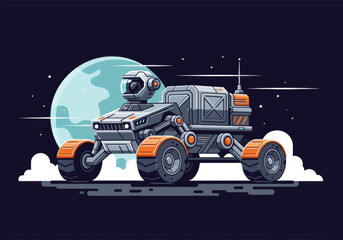 Futuristic space exploration rover on an alien planet surface with a moon © Joan