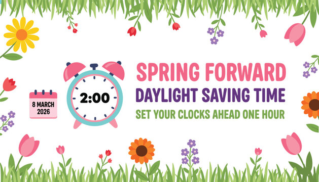 Flat vector illustration banner for Spring Forward Daylight Saving Time featuring a pink alarm clock and spring floral meadow.