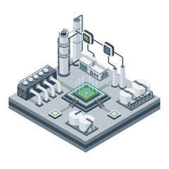 Obraz premium Isometric illustration of a futuristic industrial complex with advanced technology and interconnected systems, symbolizing innovation and efficiency.