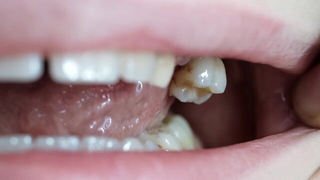 Child moves a milk loose tooth and presses on it with a tongue. Open mouth of a caucasian 9 year old kid. Posterior upper tooth remove. Changing teeth. Healthcare. Body part. High quality 4k footage.