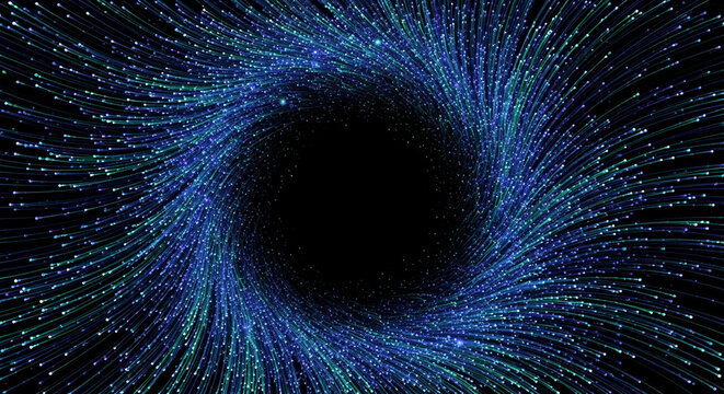 Whirl of radiating blue and green light streaks on black. Represents technology, energy flow, or data streams, with free space in the center for text