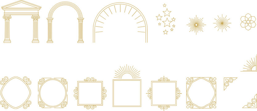 Vector illustration of ornate golden line art with classical architecture, celestial motifs, and decorative frames