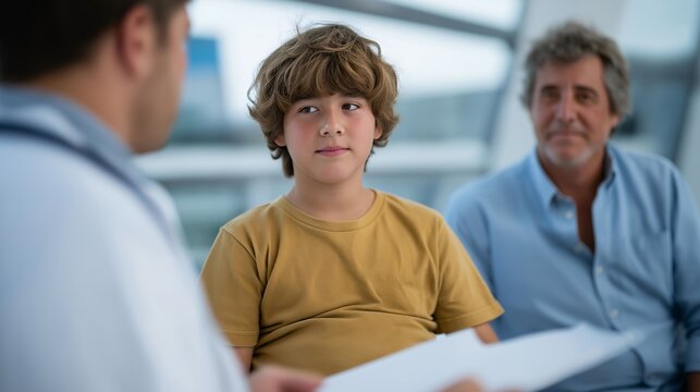 Pediatric endocrinologist consulting with overweight teenager and parent, reviewing metabolic test results and lifestyle modification plans in examination room, ideal for childhood obesity