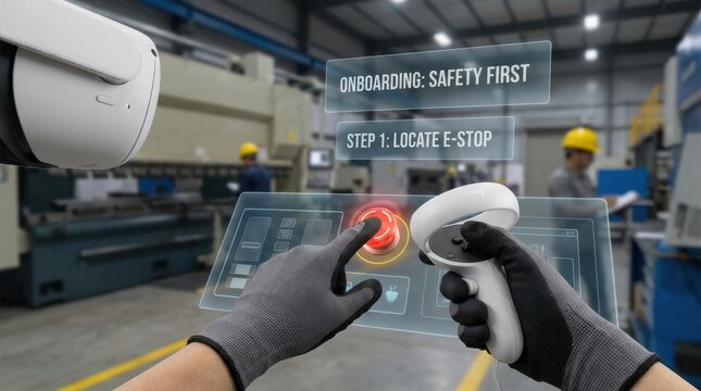 Virtual reality VR onboarding experience with a new hire's hand using controllers to learn safety procedures in a simulated factory environment.
