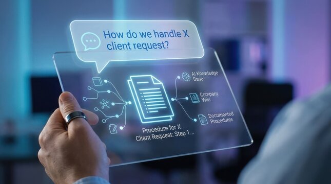 AI powered knowledge management with a hand asking a company wiki, How do we handle X client request and getting the exact documented procedure.