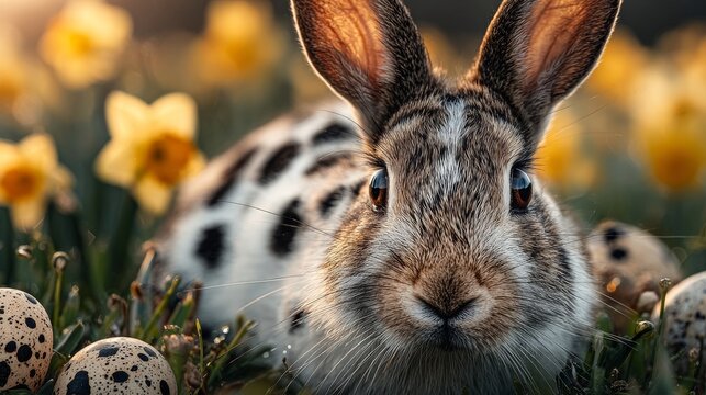 An adorable spotted bunny nestled in a spring meadow among white daffodils and speckled Easter eggs, bathed in soft, warm golden sunlight.