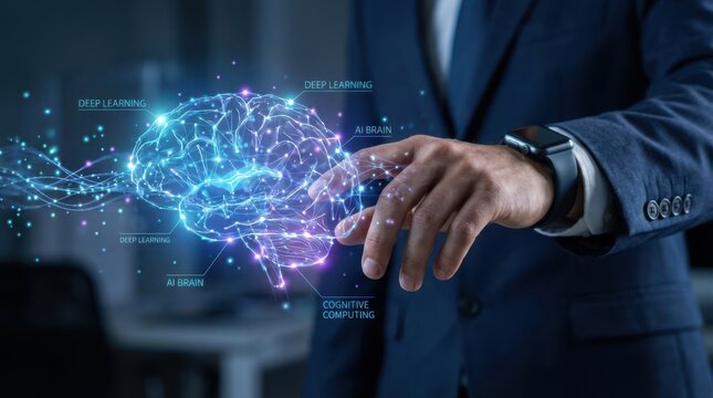 Closeup Businessman Hand interacting with virtual neuro network, representing deep learning, AI brain, cognitive computing, and futuristic data processing.