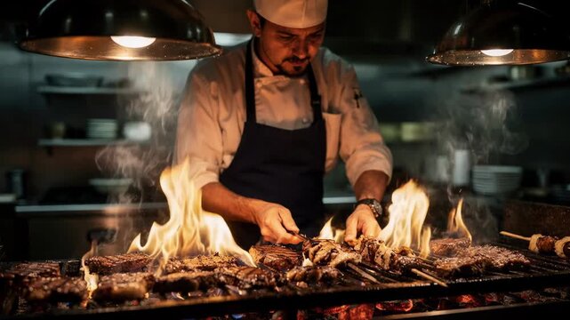 Hot line action with a chef skillfully grilling meats over open flames the intense heat creating a dynamic fiery backdrop.