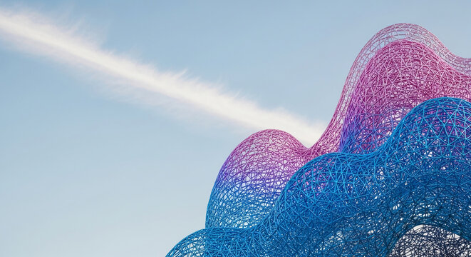 Abstract mesh structure with blue and pink colors, representing modern architecture or digital art, suitable for technology or design concepts