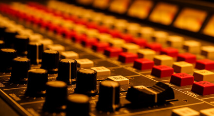 Fototapeta premium Close-up of audio mixer with red and white buttons and black knobs, representing audio production, sound engineering, music recording, and broadcasting