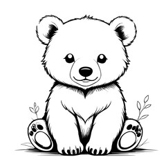 Fototapeta premium vector hand draw a baby bear cub sitting with small leaves, black and white line art illustration, perfect for coloring books and children's activities.
