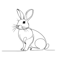 Obraz premium Continuous line drawing of a rabbit sitting, facing left, with whiskers and large ears, on a white background.