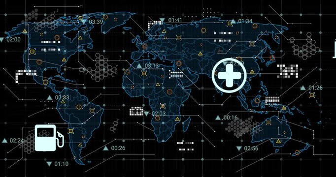 Animation of digital icons over data processing and world map against black background