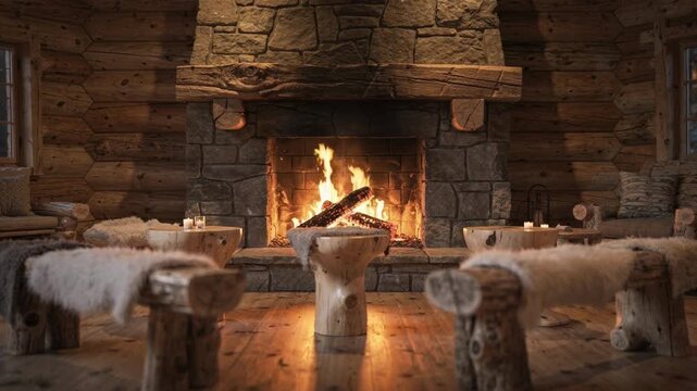 Warm lodge fireplace scene with flickering flames sharply detailed soft outoffocus wool throws and natural wood stools arranged around the stone hearth.