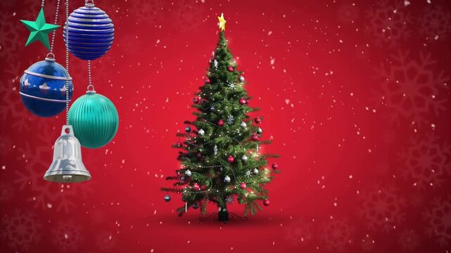 Animation of christmas baubles decorations over christmas tree