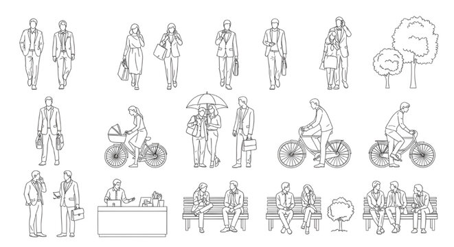 Top View People Line Art Vector Set Monochrome Human Figures for Architecture Floor Plan Layout Entourage Pack