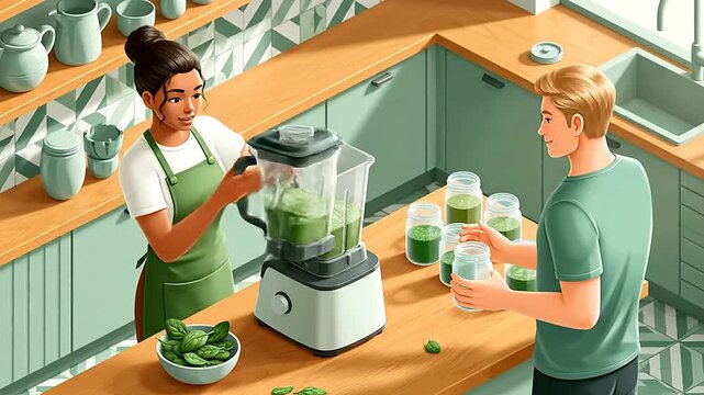 Close up of woman operating blender in kitchen or Close up of man holding jar near counter in kitchen