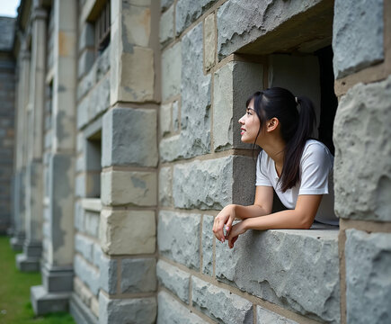 young woman leaning on a window wall, looking outside