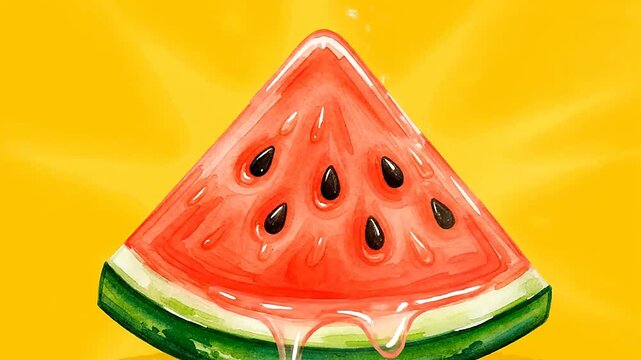 Close up of watermelon slice illustration dripping on yellow background or Close up of slice drawing of watermelon on yellow background