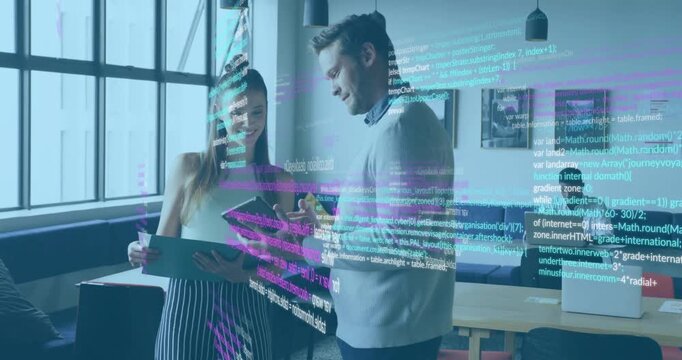 Woman and man tapping tablet, pointing folder with neon code overlay scrolling for tech teamwork