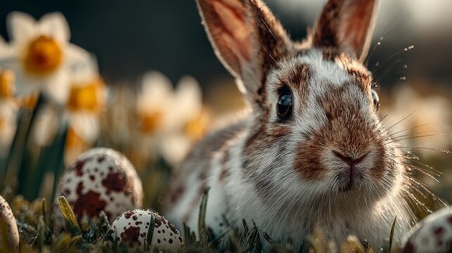 An adorable spotted bunny nestled in a spring meadow among white daffodils and speckled Easter eggs, bathed in soft, warm golden sunlight.