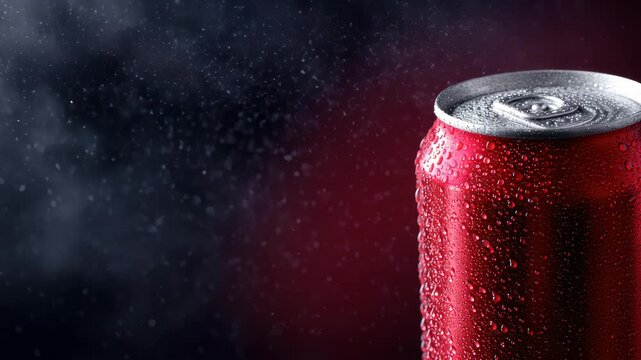 60 FPS Close up of cold red aluminum soda can with condensation as mist drifts on dark background