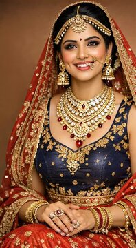 Indian bride smiling with eyes closed sitting pose wearing lehenga and heavy jewelry close up portrait wedding beauty fashion tradition culture advertisement use