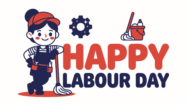 Celebrating Labour Day with a cheerful cartoon worker holding a broom and cleaning gear emphasizing hardworking spirit