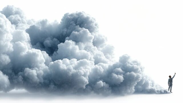 Surreal giant rolling smoke cloud expands toward lone man raising hand on white set 60 FPS