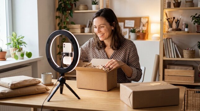 Smiling woman livestreaming unboxing video with ring light and phone