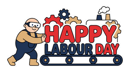 Naklejka premium Celebrating Labour Day with a cheerful cartoon character engaging with industrial gear icons and a motivational message for
