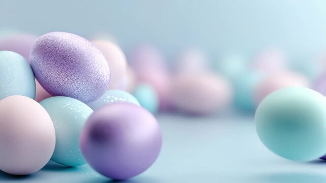 Pastel Easter eggs on light blue surface with gentle rolling motion and shallow focus 60fps