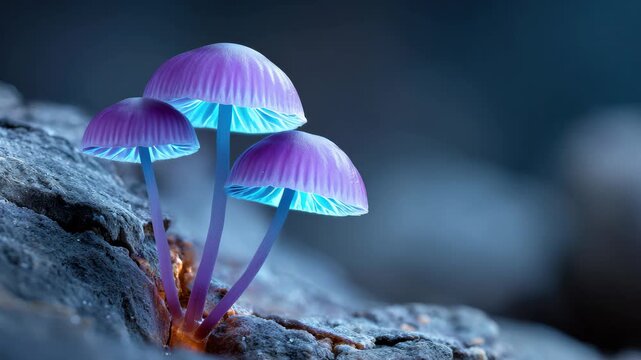 60 FPS Macro bioluminescent purple mushrooms glowing blue gills on rock with subtle sway