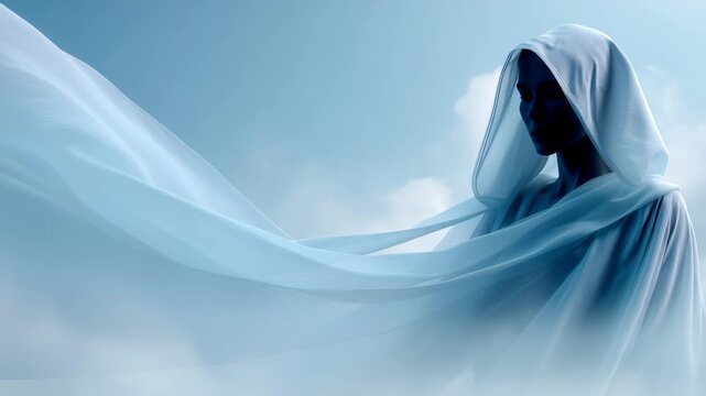 60 FPS Ethereal hooded woman in flowing white veil drifting in wind against soft blue sky