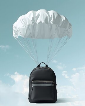 Backpack with Parachute Floating in Blue Sky with Clouds