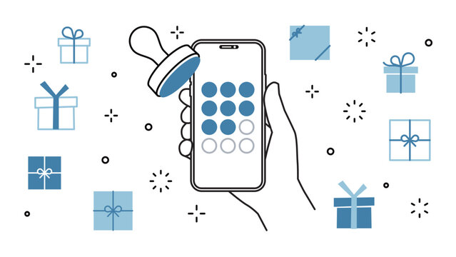 smartphone held in hand, a membership app, a stamp card, and a gift, variable stroke widths