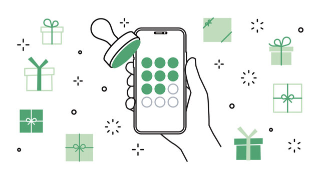 smartphone held in hand, a membership app, a stamp card, and a gift, variable stroke widths