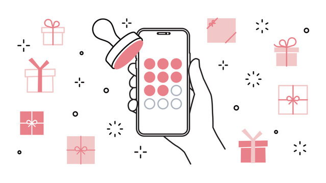 smartphone held in hand, a membership app, a stamp card, and a gift, variable stroke widths