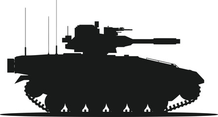 Black silhouette of modern armored military tank with turret cannon, antennas, and tracked wheels isolated on white background for defense, war technology, and military design concepts. © Mst