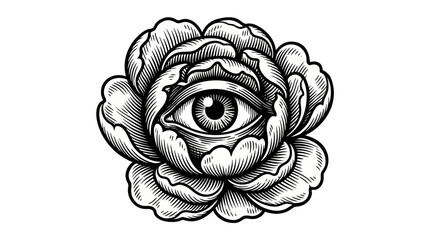 Naklejka premium Black-white illustration of an eye nestled in a flower, centered on a plain backdrop, viewed head-on, evoking mystic insight and vigilant symbolism