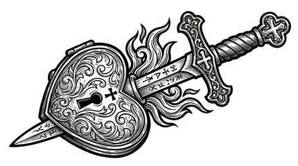 Fototapeta premium A fierce sword ignites with flames beside an ornate shield, illustrated in stark black-white contrast, viewed from a frontal perspective