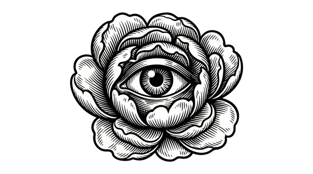 Black-white illustration of an eye nestled in a flower, centered on a plain backdrop, viewed head-on, evoking mystic insight and vigilant symbolism