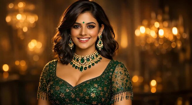 Indian bride smiling at camera wearing green attire and emerald jewelry close up portrait wedding beauty fashion luxury festive advertisement use